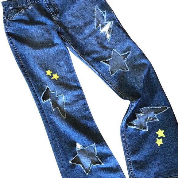 Upcycled Jones New York Destroyed Ripped Jeans, Stars & Bolts Cutouts, Size 4 - Picture 5 of 12